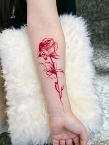 1 Sheet Red Watercolor Rose Temporary Tattoo Sticker, Waterproof Long Lasting Minimalist Fake Tattoo, Elegant Floral Line Body Art Decal For Women, Suitable For Forearm, Wrist & Daily Use - Red - View 4