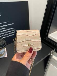 1 pieza Monedero bandolera cuadrado mini de mujer en color caqui, nuevo de verano, con decoración de remaches metálicos, estampado de cocodrilo vintage, unicolor, de PU - Caqui - Ver 2