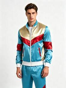 2pcs 80s Retro Disco Hip Hop Men's Sports Jacket And Pants Set - Baby Blue - View 1