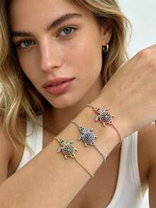1件歐美風格個性時尚海龜設計 CZ 微鑲海龜裝飾伸縮手鍊，適合日常配戴 - 彩色 - 查看 2