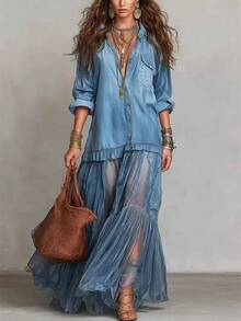 2026 Summer New ArrivalsWomen's Spring-Summer Short-Sleeve Non-Fabric Shirt-Style Tiered Dress | Casual Fashion Design Showcasing Relaxed Temperament, - 藍色 - 查看 8