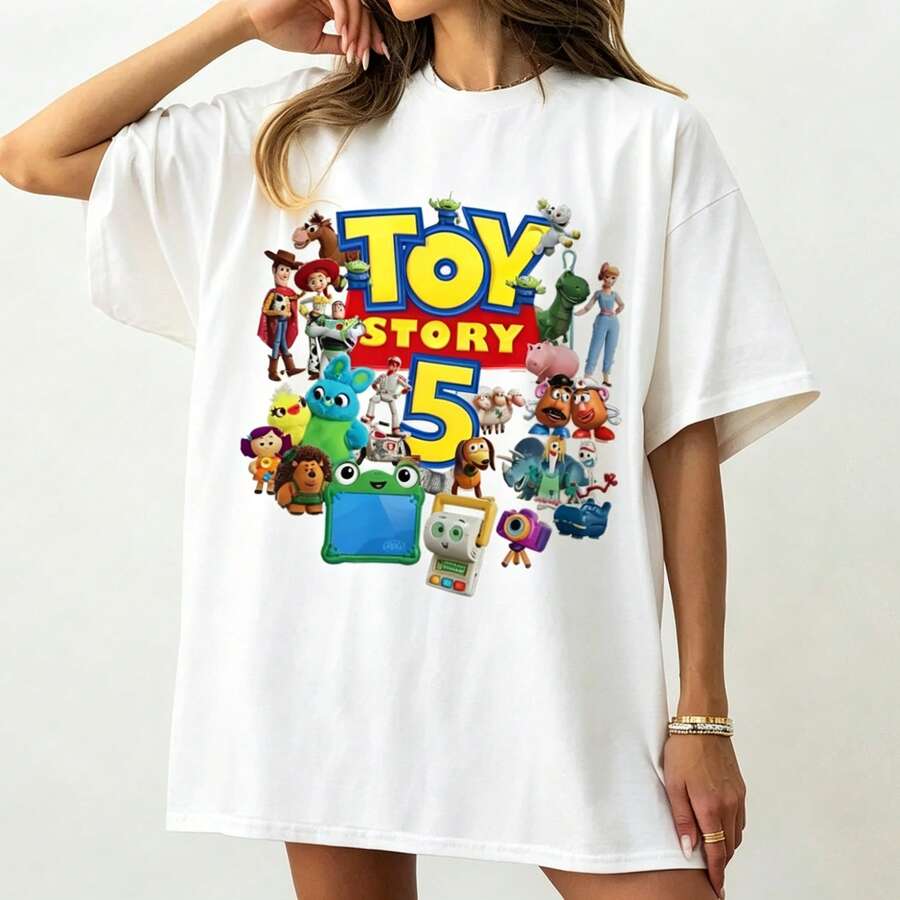 Vintage Disney Toy Story 5 Characters Mashup Shirt, Retro Woody Buzz Lightyear All Toys T-Shirt Oversized T-Shirt Summer Clothes - 白色 - 查看 1