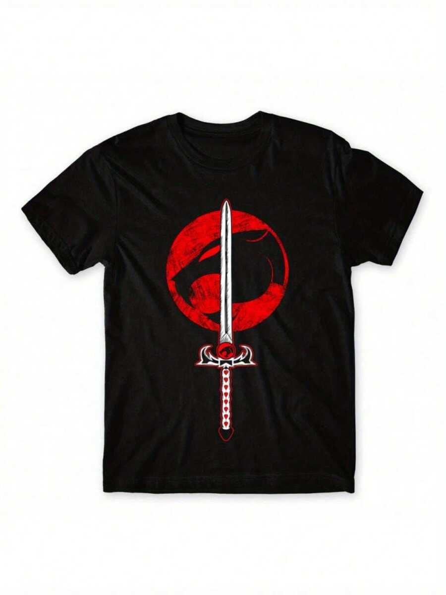 Thunder Cats Sword Graphic T-Shirt - Vintage Anime And Manga Horror Design, Black With Red And White Print, Y2K Women's Top, All-Weather Casual Wear, Merchandise - 黑色 - 查看 1