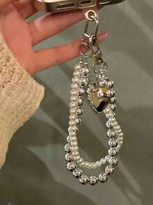 1pc Silver & Pearl White Minimalist Pearl Double Chain Heart Short Phone Lanyard, Niche Versatile Anti-Loss Phone Strap, Compatible With Phone Charms And Bluetooth Protective Case - Multicolor - View 2