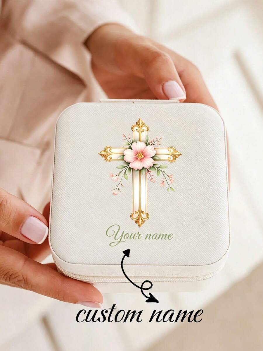 客製化女款十字印花收納盒，可客製姓名印刷，時尚個性皮革珠寶收納盒，精緻難忘的教師節禮物，適合媽媽、老師、好友及週年紀念的理想選擇，教師節禮物，海灘度假旅行珠寶盒，日常珠寶收納，女款單身派對禮物，女性禮物，旅行珠寶盒