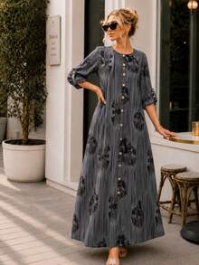Plus Size Printed Maxi Dress For Women Long Sleeve Button Down Bohemian Casual Dress With Pockets - Grey - View 4