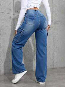 Straight Leg Cargo Jeans With Butt Lift And Tummy Control - Medium Wash - View 3