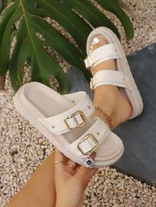 2026 New Metal Buckle Thick Sole Sandals Women's Crocodile Pattern Non-Slip Beach Slides - Beige - View 1