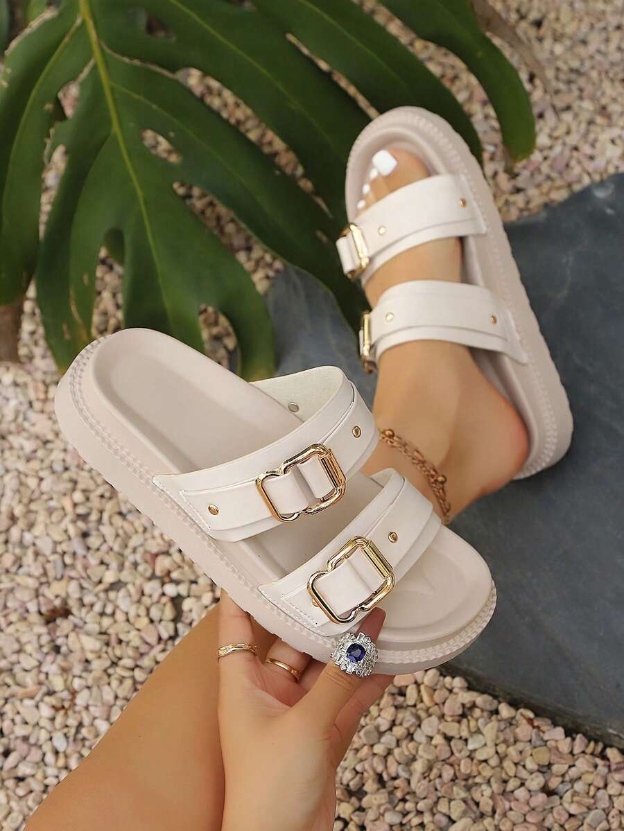2026 New Metal Buckle Thick Sole Sandals Women's Crocodile Pattern Non-Slip Beach Slides - Beige - View 1