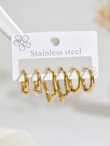 Set de 6 pendientes de aro de acero inoxidable minimalistas y lisos, aptos para uso diario - Multicolor C - Ver 8