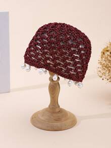 1pc Women's Bohemian Vintage Pearl Pendant Handmade Hollow Woven Hair Net Hat, Breathable Knitted Bucket Hat, Retro Party Wedding Bridesmaid Travel Outing Photography Hollow Breathable Daily Wear Head-Covering Bucket Hat - Mesh Pearls - View 9
