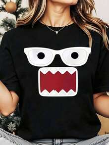 Women's Crew Neck T-Shirt With Monster Face Print, Casual Halloween Clothing, 220g, Women's Blouses - 黑色 - 查看 1