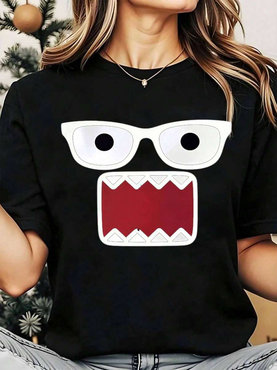 Women's Crew Neck T-Shirt With Monster Face Print, Casual Halloween Clothing, 220g, Women's Blouses - 黑色 - 查看 1