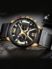 1pc Casual Men's Business Leather Strap Mechanical Watch, Calendar Men's Leather Strap Sports Watch - Gold - View 4