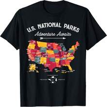 63 National Parks Map US Park Retro Vintage Camping Hiking T-Shirt(3) - 黑色 - 查看 8