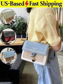 Casual Flap Square Shoulder Bag Color-Block Crossbody Bag For Women Wide Strap Summer Blue Purse For Work Travel Outing Birthday Gift Back To School - 彩色 - 查看 2