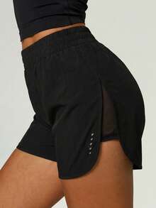 UONNOU 1pc Spring/Summer Women's Casual Shorts, Soft & Comfortable Fabric, Side Slit Mesh Design, Quick-Dry Sports - Black - View 4