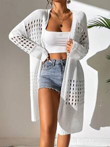European And American Plus Size Solid Color Women's Hollow Out Mid-Length Thin Knit Lightweight Cardigan Summer Vacation Beach White - White - View 6