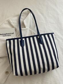 Striped Large Capacity Tote Bag For Women, New Minimalist Versatile Commuter Shoulder Bag, Fashion Casual Handbag - Blue - View 10