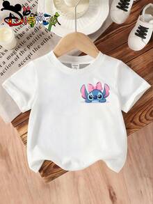 Disney Lilo & Stitch Kids Double-Sided T-Shirt, Watercolor Stitch With Disney Castle & Minnie Bow Graphic Tee, White Short Sleeve For Girls - White - View 4