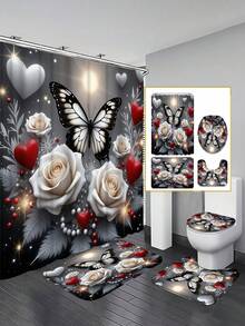 1/3/4pcs Aesthetic Butterfly Rose Decor Shower Curtain Bathroom Set, Luxury Elegant Waterproof Durable Bathroom Decor & Accessories, Includes 12 Hooks - Toilet Lid Cover, Bath Mat And Rug, Polyester Fabric - Washable - Suitable For Holiday Decor, Home/Bedroom/Residence/Western/Summer Decor - Gold Gray - View 2