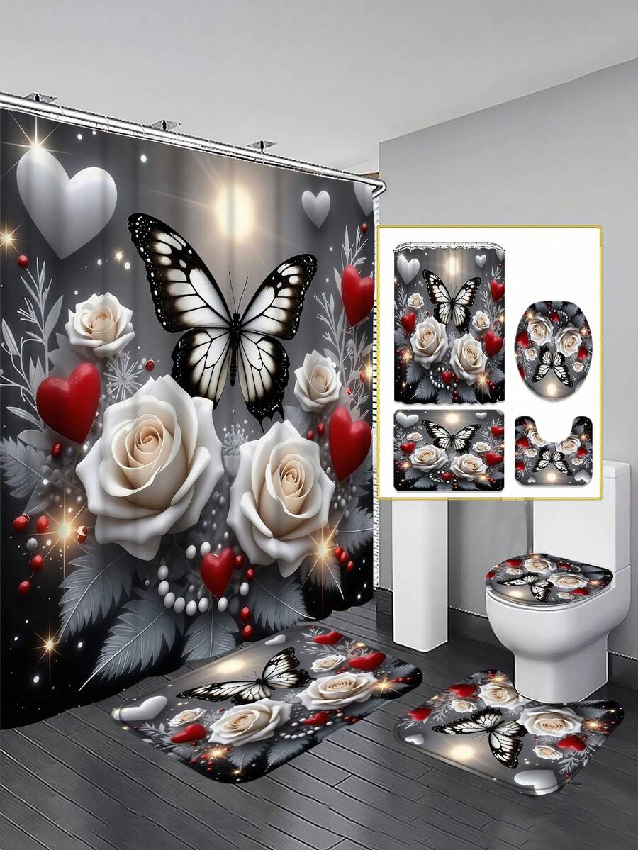 1/3/4pcs Aesthetic Butterfly Rose Decor Shower Curtain Bathroom Set, Luxury Elegant Waterproof Durable Bathroom Decor & Accessories, Includes 12 Hooks - Toilet Lid Cover, Bath Mat And Rug, Polyester Fabric - Washable - Suitable For Holiday Decor, Home/Bedroom/Residence/Western/Summer Decor