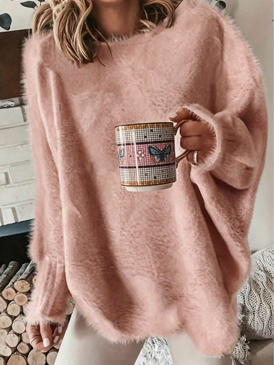 Suéter holgado de manga de murciélago de unicolor talla grande, para uso casual en invierno - Rosa vieja - Ver 1