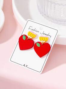 1 Pair Teacher's Day Heart Pencil Apple Lacquer Faux Soft Clay Texture Design Women's Fashion Jewelry Earrings, Suitable As Gifts For Teachers And Students - Multicolor - View 2