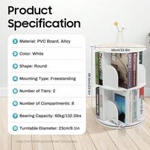 SENDERPICK Drehbares Bücherregal, 2 Ebenen 360 Grad Drehbares Schuhregal, Drehbares Bücherregal Kinder für Wohnzimmer Schlafzimmer Büro Kinderzimmer, Weiß [Nice gift for your family&friend] - Standard - Übersicht 9