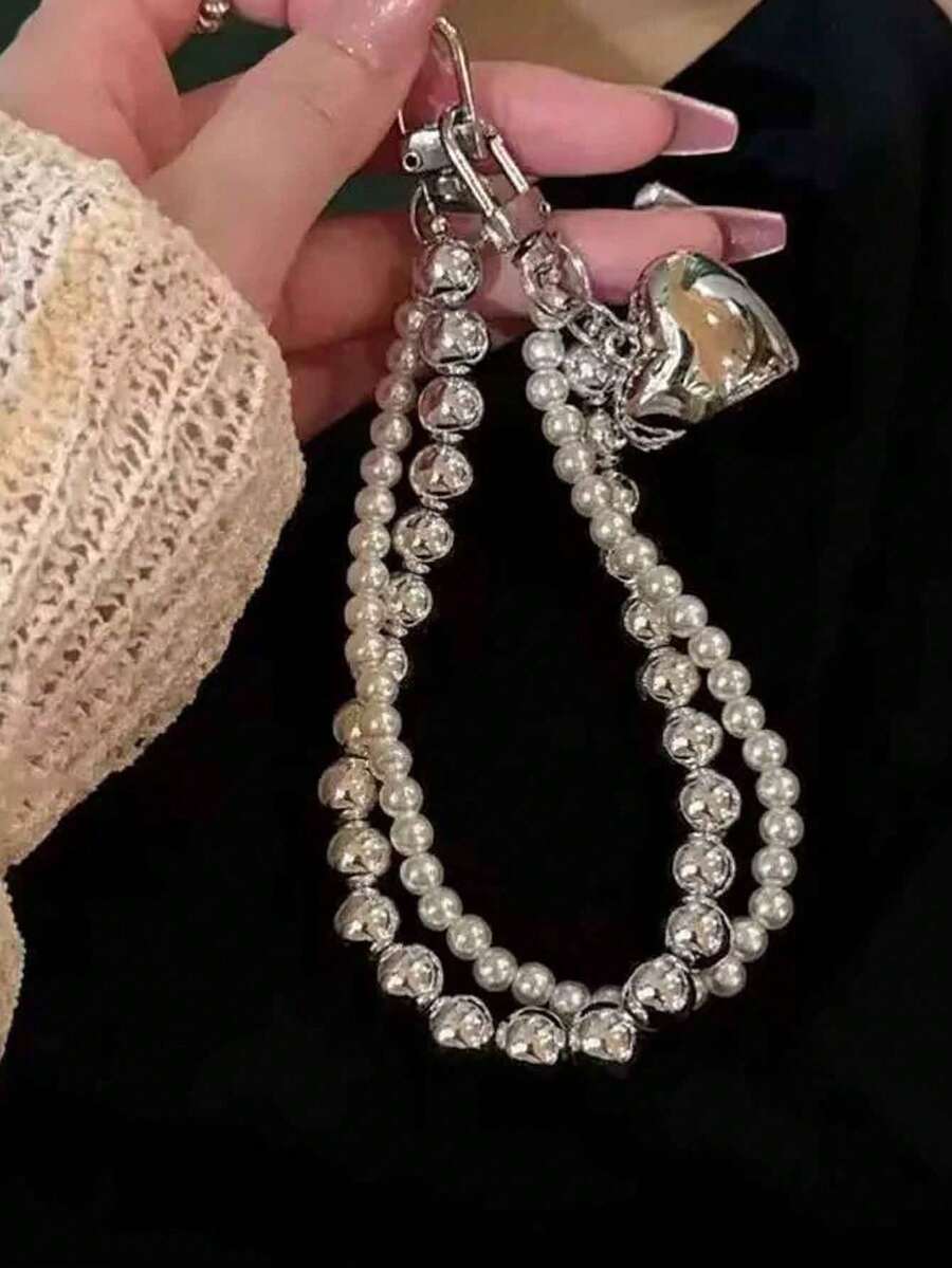 1pc Silver & Pearl White Minimalist Pearl Double Chain Heart Short Phone Lanyard, Niche Versatile Anti-Loss Phone Strap, Compatible With Phone Charms And Bluetooth Protective Case - Multicolor - View 1
