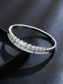 1pc Elegant Exquisite Double Row Patchwork Heart Full Zirconia Inlaid Design Bracelet For Women, Asymmetrical Inlaid Anniversary Confession Party Gathering Exquisite Jewelry - Bracelet - View 4