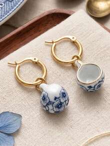 ZIRUISP Women Floral Porcelain Teacup Dangle Earrings, Mini Tea Cup Hoop Charm, Cottagecore Aesthetic Jewelry, Tea Party Lover Birthday Gift - Teacup Earrings - View 4