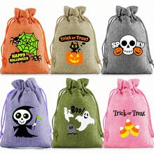 12 Halloween Decorative Gift Bags, Colorful Holiday Burlap Pouches With Drawstrings, 6 Unique Designs Including Bats, Pumpkins, Ghosts, Perfect For Gift Wrapping During Halloween Celebrations - Multicolor - View 1