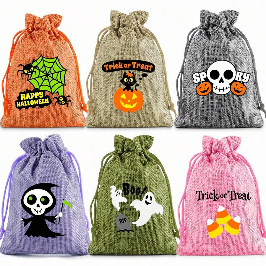 12 Halloween Decorative Gift Bags, Colorful Holiday Burlap Pouches With Drawstrings, 6 Unique Designs Including Bats, Pumpkins, Ghosts, Perfect For Gift Wrapping During Halloween Celebrations - Multicolor - View 1