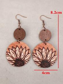 1 Pair Rustic Dark Brown Wooden Round Slices Sunflower Laser Engraved Large Round Wooden Earrings - Dark Brown - View 3