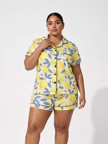 Snug League Marira Curve 2pcs/Set Cute Lemon Print Bow Decor Plus Size Ladies Pajama Set, Includes Short Sleeve Shirt With Collar & Button - Yellow - View 9
