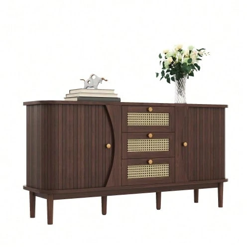 Buffet, Rattan Chest Of Drawers, Chest Of Drawers With Sliding Doors, Adjustable Shelves And Rounded Top. - 自然色 - 查看 1