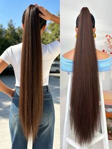 HEYPINK 38-Inch Extra Long Straight Synthetic Hair Ponytail Extension, Ombre Brown To Burgundy Black, Claw Clip Ponytail Hair Accessory Suitable For Women Party And Daily Use - Dark Brown - View 11