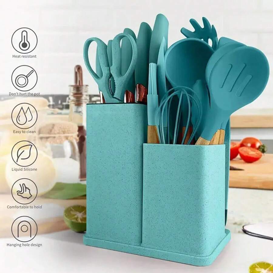 19Pcs Silicone Kitchen Utensil Set – Non Stick Cooking Tools With Wooden Handle, Spatula & Spoon For Home - Green - View 1