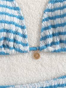 Premium European Halter Bikini With Striped Wavy Split Design, Stylish Color-Block Swimwear Summer - Sky Blue - View 6