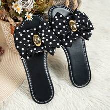 1 Pair Summer European & American Style Sweet Fashion Round Toe Women's Buckle Handmade Woven Bow Flat Slide Sandals - Black Floral Pattern - View 9