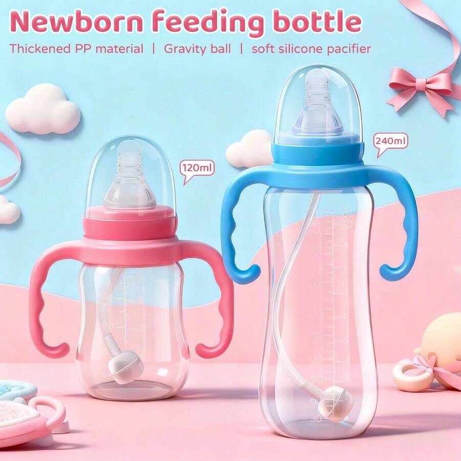 1pc 120ml/240ml 0-3 Years Straw Feeding Bottle, Standard Neck With Handle, Gravity Ball, Drink In Any Position - Multicolor - View 1