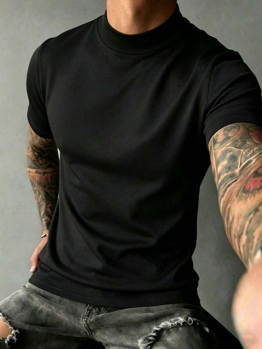 Men's Versatile And Casual Solid Color Short-Sleeved Turtleneck T-Shirt, Spring/Summer 7JII - Black - View 1