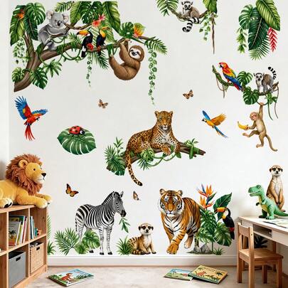 叢林野生動物牆貼 - 可撕貼可移除牆貼，含無尾熊、樹懶、老虎、斑馬與熱帶葉片，適用於兒童房、臥室、遊戲室裝飾，防水乙烯基牆面藝術