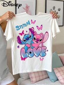 Disney Lilo & Stitch Kids T-Shirt, Stitch & Angel Love Double-Sided Graphic Tee, White Short Sleeve For Girls - 白色 - 查看 2