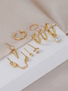 9pcs Inlaid Cubic Zirconia Eight-Pointed Star Earring Set, Multiple Ear Piercing Earrings Set, Suitable For Women's Daily Wear, Dating, Party And Gathering - Yellow Gold - View 3