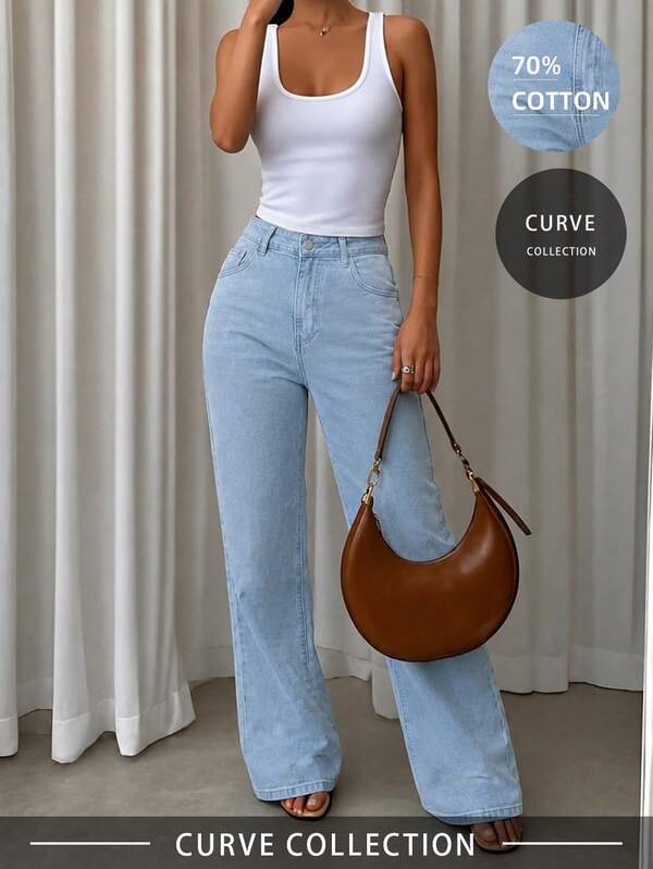 Quần jeans ống rộng dáng suông màu xanh dương cổ điển cỡ lớn dành cho nữ, phong cách thường ngày đa năng, tôn dáng, mẫu mới xuân/hè, dáng thẳng, phù hợp cho kỳ nghỉ, lễ hội, phối đồ denim, quần jeans, quần dài, đi chơi, quần jeans nữ, trang phục denim nữ, quần jeans nữ, quần dài.