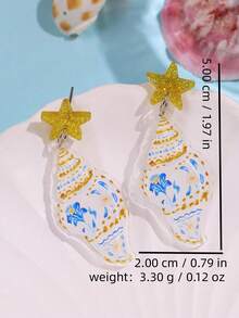 1 Pair Elegant Bohemian Design Fresh Unique Personalized Summer Marine Life Star Blue & White Print Seashell Acrylic Women's Earrings Suitable For Daily Commute, Summer Beach Party Wear Women's Jewelry - Multicolor - View 5
