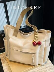 Bolso bandolera de gran capacidad de unicolor y elegante, bolso tote versátil para ir al trabajo, adecuado para estudiantes, clases, desplazamientos y salidas - Beis - Ver 2