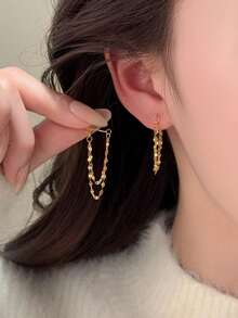 1 Pair Exquisite Elegant Lip-Shaped Chain Layered Earrings For Women, Sparkling Gold Tassel Ear Drops, Geometric Pendant Ear Jewelry Suitable For Ladies Evening Parties And Daily Wear - Multicolor - View 2